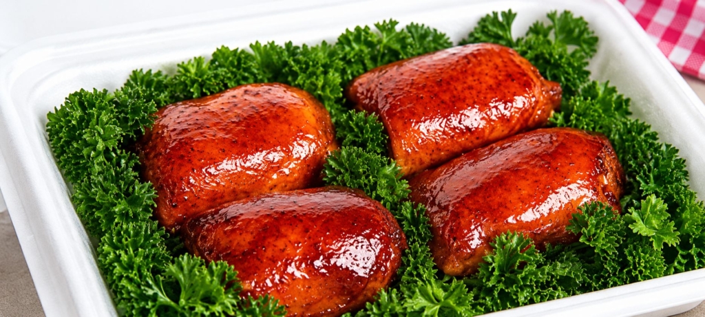 Competition BBQ chicken thighs in a turn-in box.