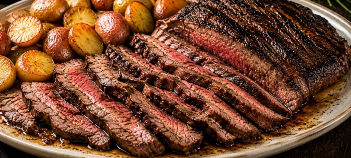 Sliced grilled London Broil on a plate with roasted potatoes.