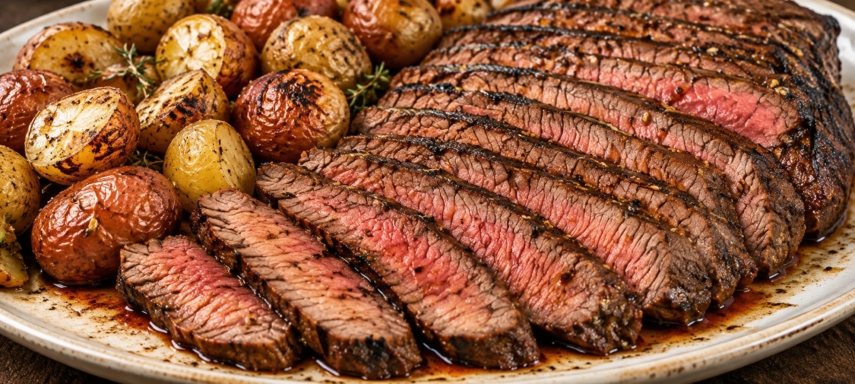 Sliced grilled London Broil on a plate with roasted potatoes.