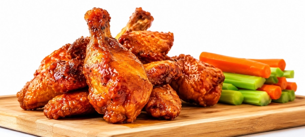 Grilled Buffalo wings on a plate with carrots and celery.