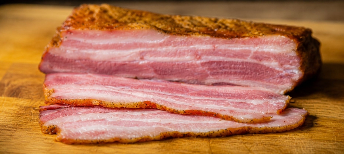 Homemade sliced Asian-style bacon.
