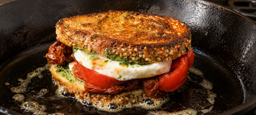 Smoked cherry tomato caprese sandwich on bread toasted in a skillet.