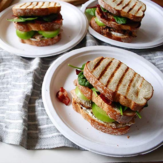 Chinet Classic White Fiber Plates with sandwiches on them