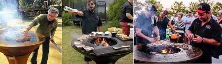 hree photos of a large round, outdoor fire bowl with flaming wood fire inside. A flat griddle wraps around each fire. Men are cooking on the round griddles.