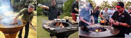 hree photos of a large round, outdoor fire bowl with flaming wood fire inside. A flat griddle wraps around each fire. Men are cooking on the round griddles. 