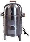 Shiny steel bullet shaped water smoker with dome lid on short legs. An electric power cord comes from the back.