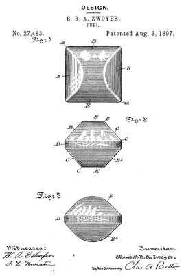 illustration of charcoal briquets submitted for a patent on charcoal briquets