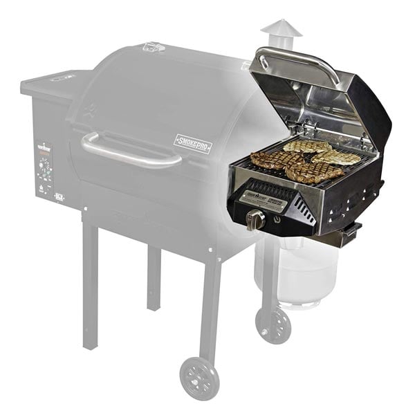 A graphic ghost image of a black horizontal smoker with a full color, small gas grill attached to the right side.
