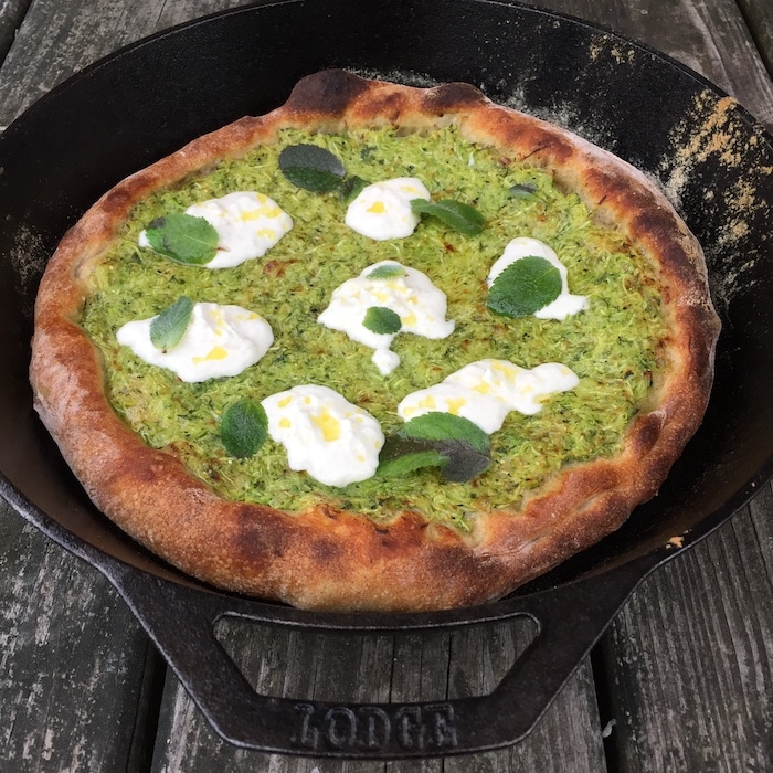 cast iron zucchini and mint pizza