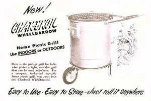 1953 ad for Charbroil Wheelbarrow Grill