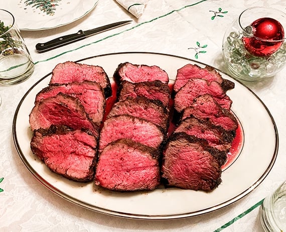 Sliced and plated beef tenderloin