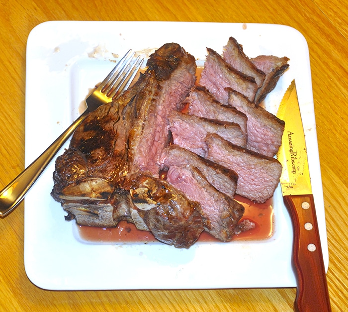 T-bone steak cut in slices.