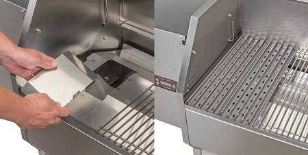 Two photos of the inside of a stainless steel pellet smoker. On the left hands remove a plate that cover the wood pellet firepot to expose the firepot flame. On the right extruded aluminum cooking grates are placed over the open fire for high temperature searing.