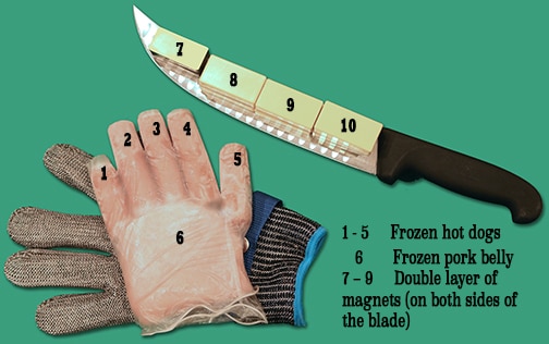 Image of a glove and a knife with areas marked on each