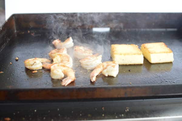 shrimp and tofu on a Blackstone griddle