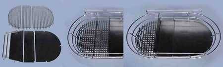 Several oval shaped steel objects lay on a white surface. Some look like cooking grates.