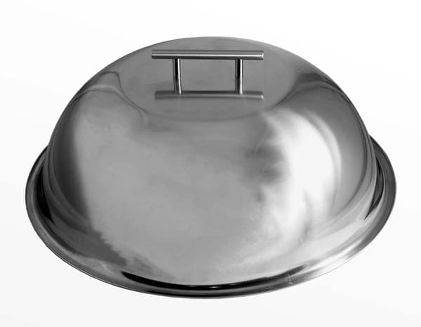 A shiny metal dome with a handle on top.