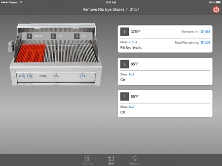 SCreen from a computer or smart phone app that shows a gas grill on the left and cooking temperature information on the right.