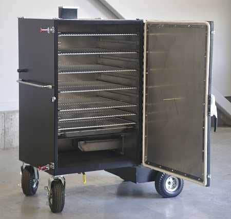 A large upright cabinet smoker with door open showing a shiny steel interior and lots of slide out racks. It is mounted on four large wheels.