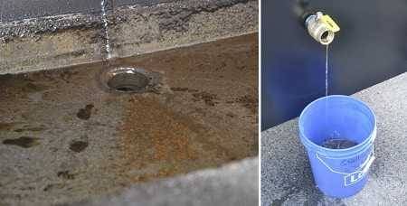 Two picture side by side. On the lefy a rudty metal drain hole, on the right a brass ball valve with water draining into a blue bucket.