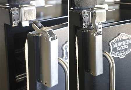 Side by side pictures of spring loaed door latches. On the left the latch is open, on the right the latch is locked shut, A Myron Mixon Smokers logo id on the right.