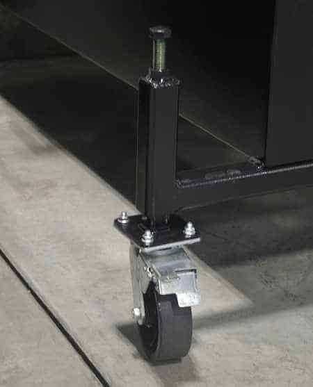 A locking black caster wheel attached to a black metal frame.