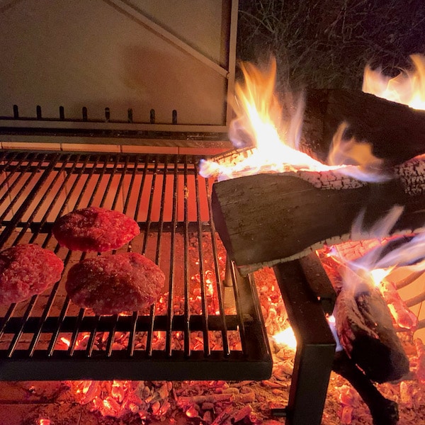 burgers on wood grill