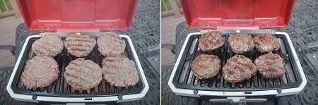 Side by side pictures of a small rectangular gas grill with the lid up. The lid is red and the cook surface is black. Six burgers are cooking The picture on the left was taken when the burgers first went on the grill. The picture on the right was taken when they were almost done.