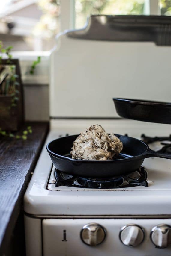maitake mushroom in cast iron pan