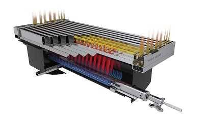 A graphic drawing of a gas burner  with radiant steel plates above.