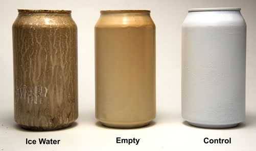 difference in appearance of beer-cans after being placed in a smoker with different temperature water inside