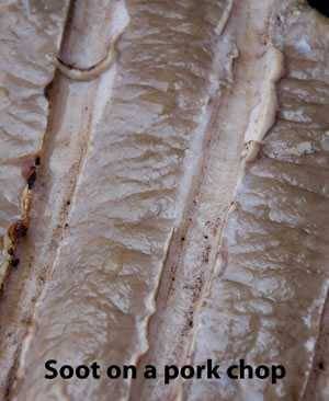 detail of soot on the grill marks of a pork chop