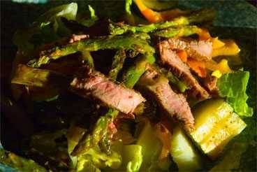 Sliced flanks steak on salad