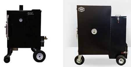 Ywo big black upright cabinet smokers. Both are on large wheels. The one on the right looks like a large box attached to a smaller box.