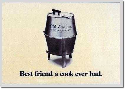 An old advertisement with cream colored background. In the center is a shiny metal bucket shaped object with "Old Smokey" printed on the front. Underneath is a slogan, "Best friend a cook ever had".