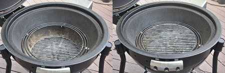 Two pictures of the same charcoal kettle grill side by side with lid up showing the charcoal grate down low on the left picture and up high on the right picture.