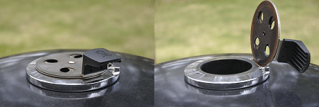 Two pictures side by side of a black dome with a round metal disc on top. The disc on the left picture is down. The disc on the right picture is popped up.