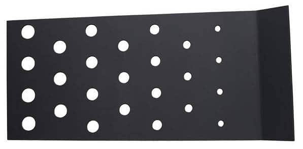 Black rectangular plate with rows of holes across the entire surface.