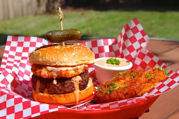 Fried green tomato burger with comeback sauce