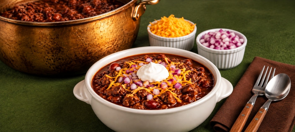 Beef chili in a bowl with chopped onions, cheese, and sour cream.