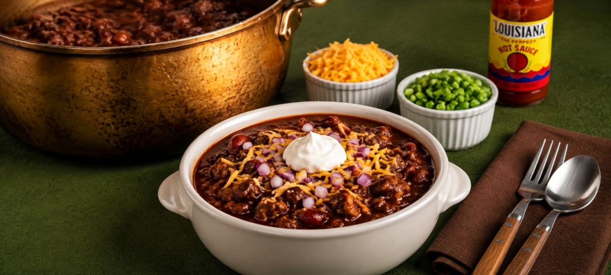 Beef chili in a bowl with chopped onions, cheese, and sour cream. A pot of chili sites to the side of the bowl as well as sliced green onion and grated cheese.