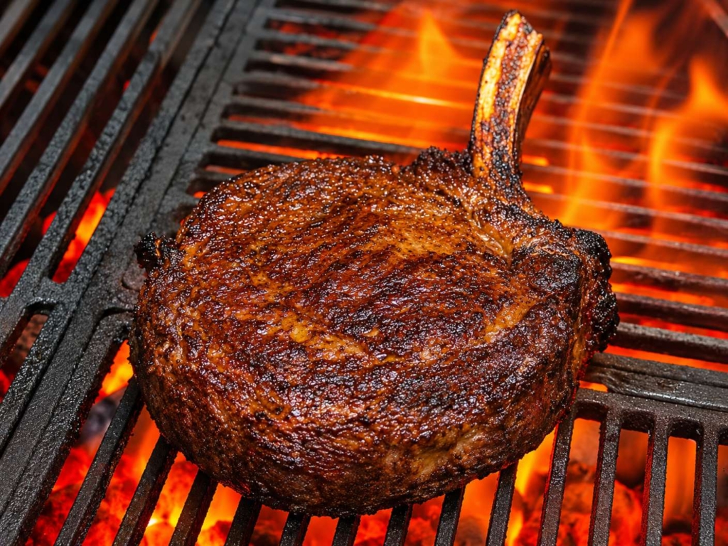 Seared cowboy ribeye steak on a grill surrounded by flames