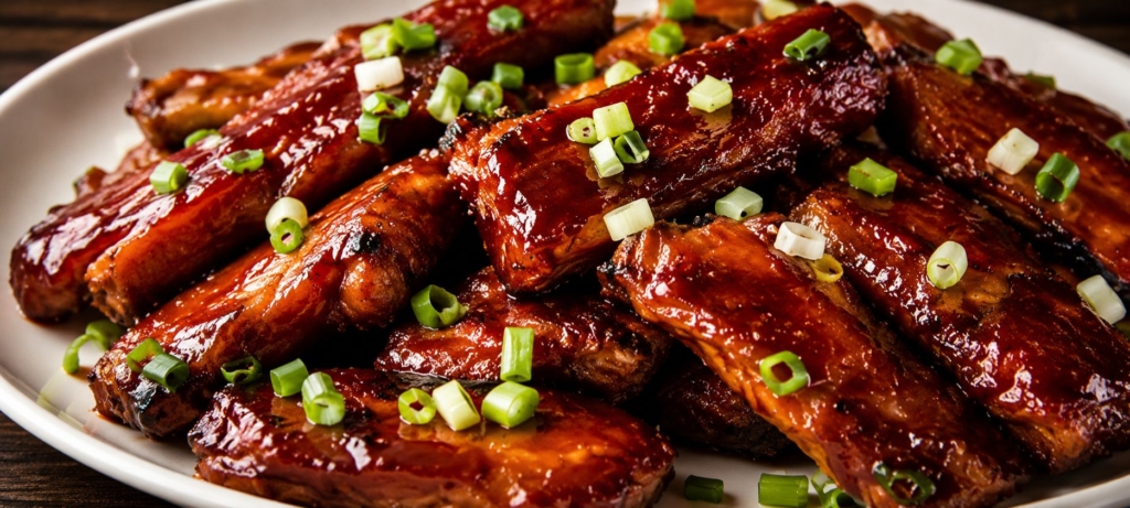 Sliced ribs on a plate topped with sliced scallions.