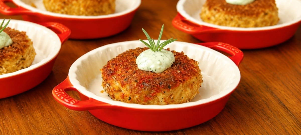 Griddle grilled crab cake topped with aioli.