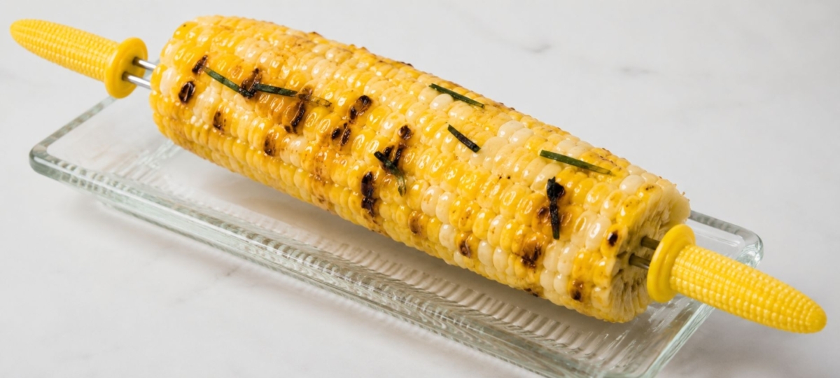 Grilled ear of corn on a glass dish with plastic and metal corn shaped ear of corn holders inserted into both ends