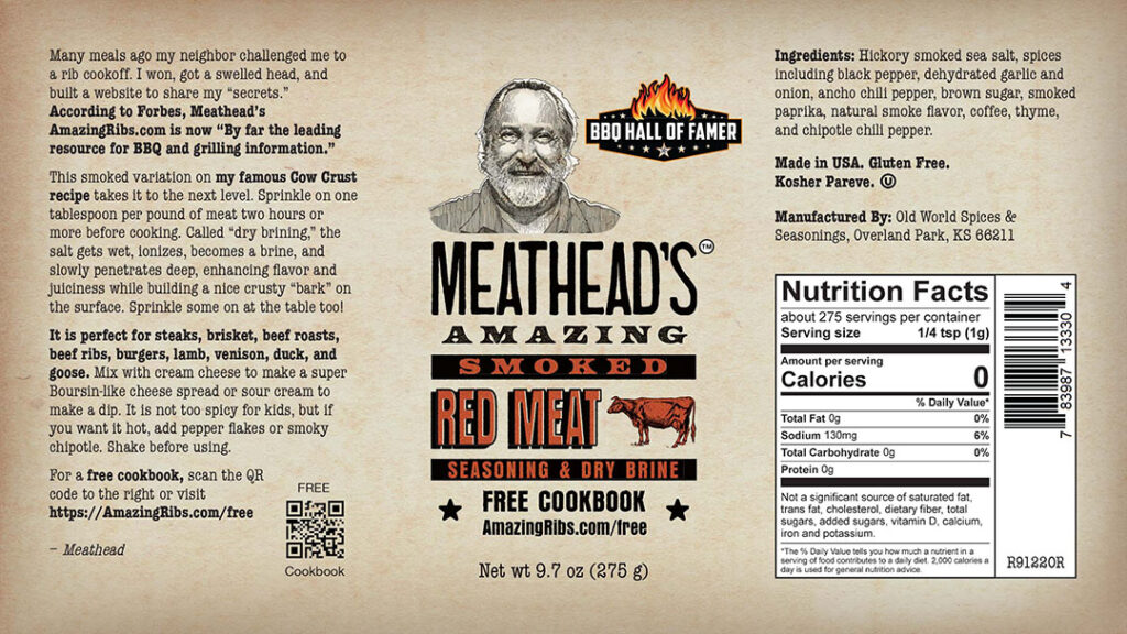 meatheads amazing red meat rub label