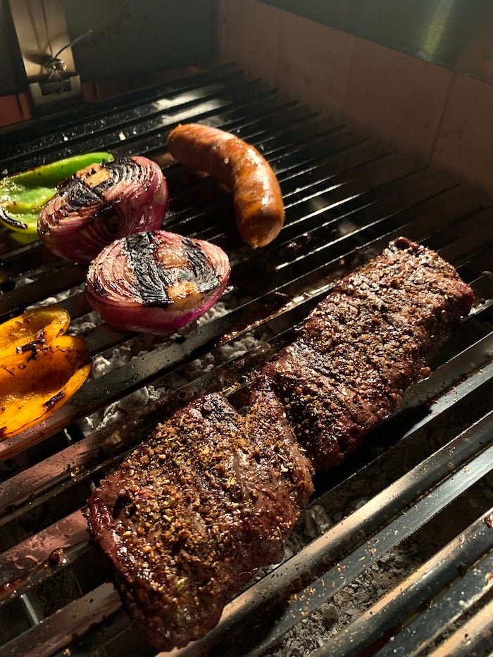 meat and vegetables on grill