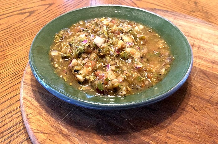 Salsa verde in a shallow bowl