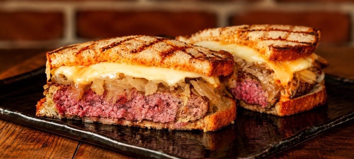 Corned beef burger with sauerkraut and swiss cheese on toasted rye bread.