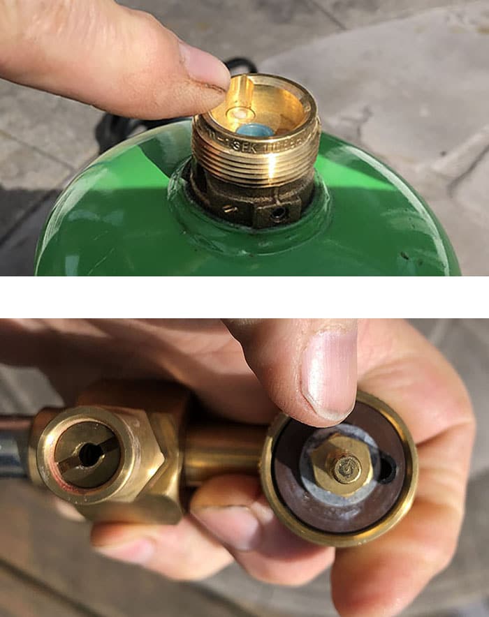 Flame King EZ-Fill valve and cylinder aperture